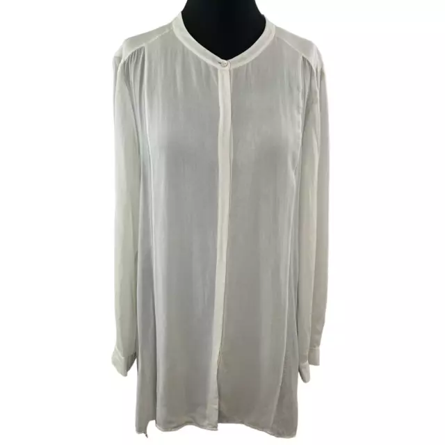 EILEEN FISHER White Silk Georgette Semi-Sheer Button-Up Long Tunic Top Blouse L