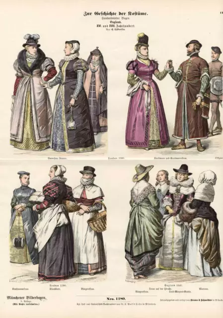 Antique Costume Print-ENGLAND-16TH-17TH C-Braun-1880