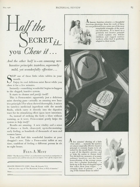 1928 Feen A Mint Laxative Chew Like Gum Desk Clock Pajamas Vintage Print Ad PR4