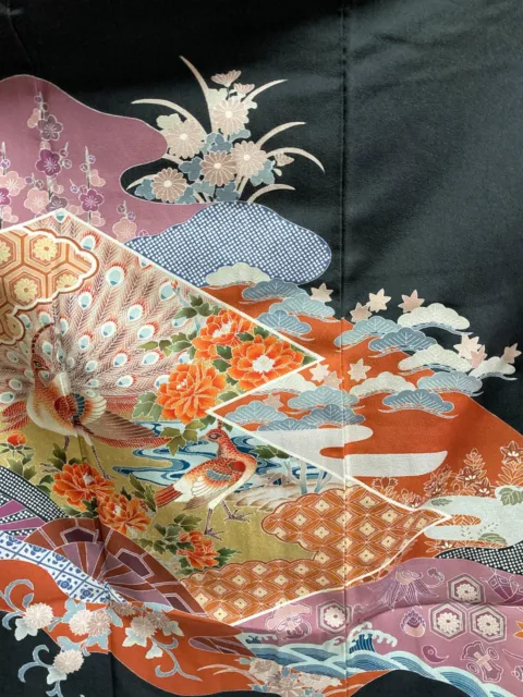 Vintage Japanese kimono -  Silk Kuro tomesode with Beautiful Birds 3