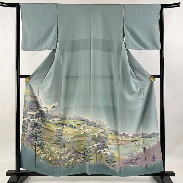 Woman Japanese Kimono Iro-Tomesode Silk Landscape Crane Light Blue