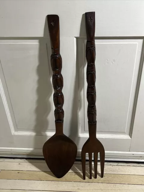 Vintage Large Carved Wooden Fork & Spoon Wall Decor 34 Inch Wood Tiki Totem