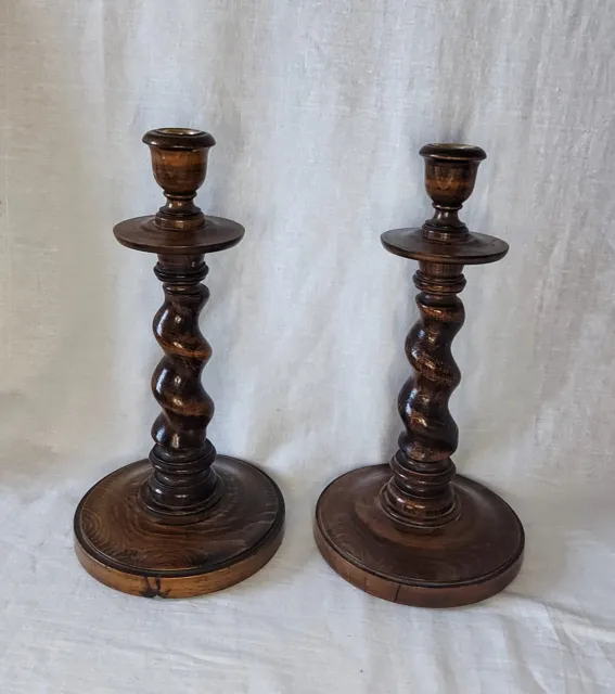 Pair Vintage Pair of Wooden Barley Twist Candlesticks Holders Oak
