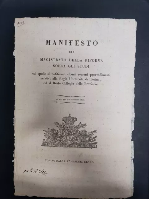 Torino Manifesto Del Magistrato Della Riforma Sopra Gli Studi 1821