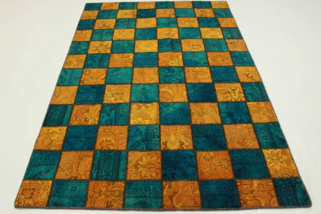 Patchwork Orient Teppich Vintage türkis orange 240x160 Used Look handmade 1999