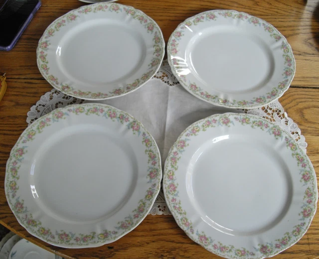 Vintage Syracuse China O.P.CO.  Pink & Yellow Flowers 9" Plates ~ Set of 4~