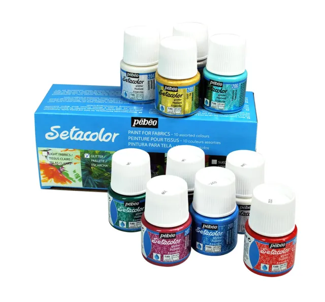 Pebeo SETACOLOR GLITTER Permanent Fabric Paint Assorted Colour Set 10 x 45ml