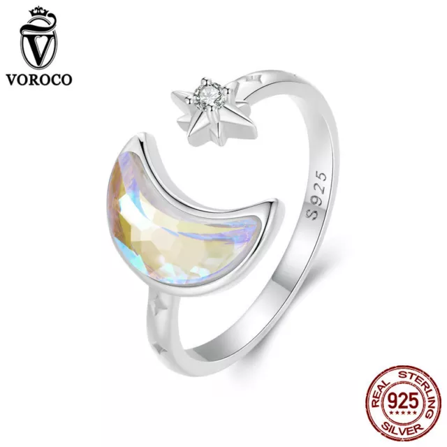 Fashion 925 Sterling Silver Moon star opening Wedding Ring Women Jewelry Voroco