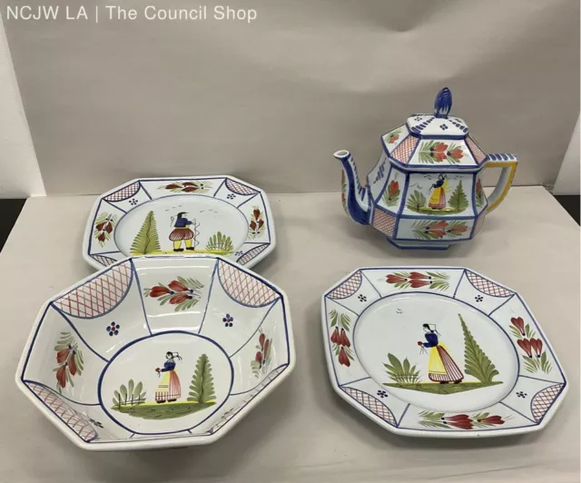 Set Of 4 Henriot Quimper Faience Pottery Salad Plate Bowl And Teapot Set