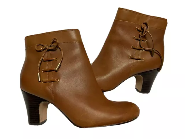 Taryn Rose Terrie Brown Leather Ankle Boots US Size 8M Zip Side Block Heels