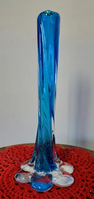 Vintage Hand Blown Cased Murano Art Glass Vase Twisted, Elephant Foot, Blue