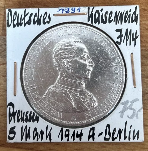 5 mark kaiserreich silber Wilhelm II König Von Preussen 1914-A