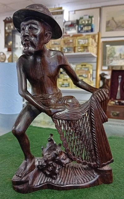 Hand Carved Rosewood Japanese/Asian Fisherman