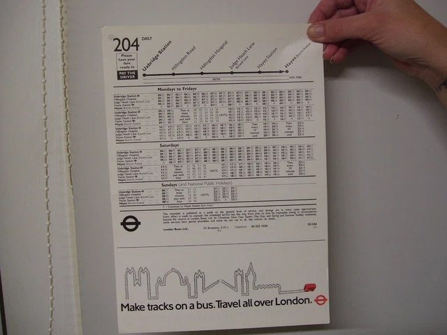 LONDON TRANSPORT BUS Stop Panel TimetableRoute 204March 1986Used Con