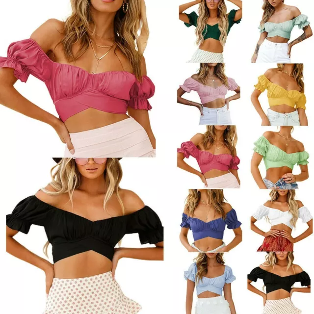 Women Sexy Off Shoulder Short Sleeve Cropped Top Summer Beach Holiday  Shirts 3