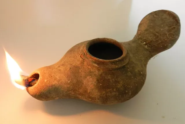 Biblical Oil lamp Ancient Jerusalem Holy Land pottery Clay Roman w Ancient coin