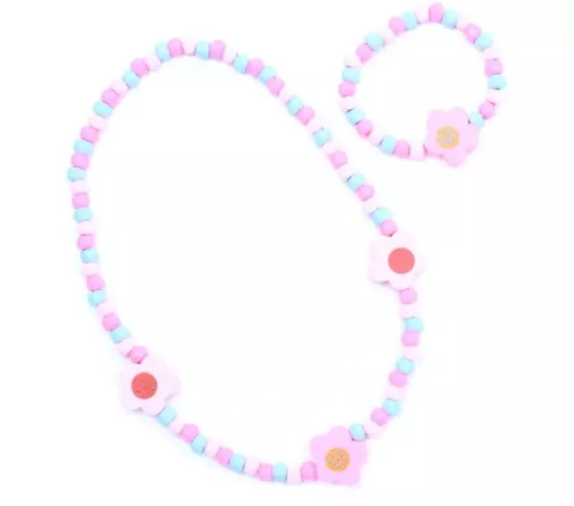 Childrens Girls Kids Flower Charm Stretch Necklace & Bracelet Set Pink Blue