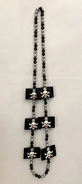 Black Silver Red Skull Bones Pirates Flag Necklace 20” Rasta Mardi Gras