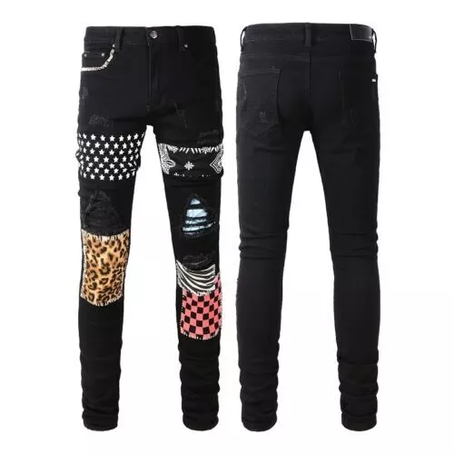 Men Punk Leopard Patchwork Print Skinny Fit Denim Moto Biker Black Classic Jeans