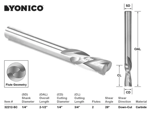 1/4" Dia. 2 Flute Downcut CNC Router Bit - 1/4" Shank - Yonico 32212-SC