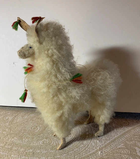 Vtg  1970’s Collectible Hand Made Wooly Alpaca / Llama Figurine 7” Peru White