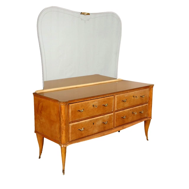 Comò Vintage Italia Anni 50-60 Legno con Impiallacciatura Radica Ottone Vetro