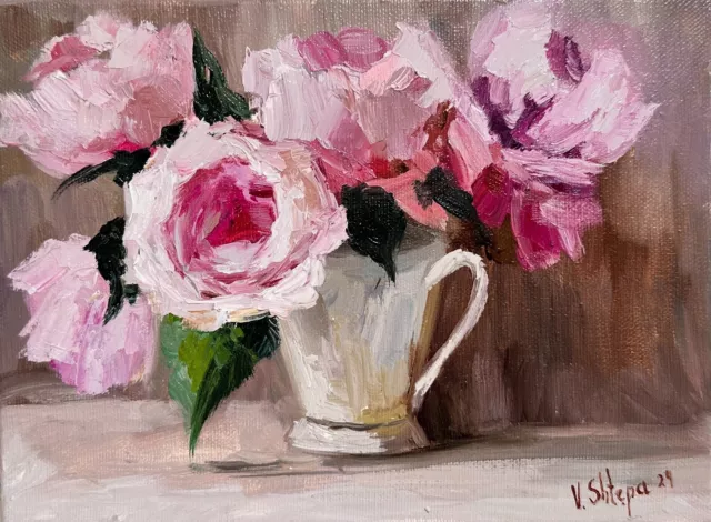 Original Oil Painting Peonies Blooming Roses Flowers Still life Signed Art 6x8