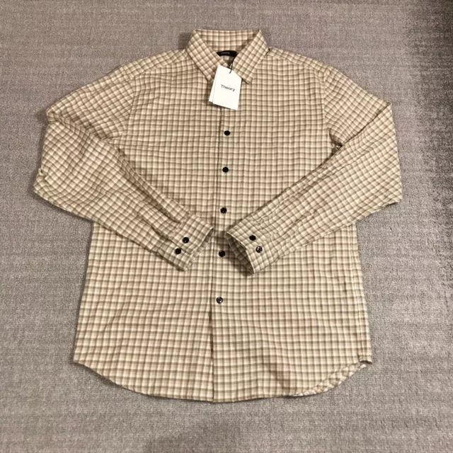 New Theory Shirt Mens Large Button Up Windham Twill Beige White Preppy Casual