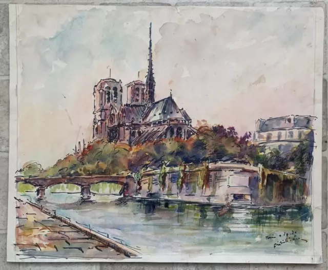 Grande Aquarelle signée Architecture Cathédrale Notre Dame de Paris 41 x 50 cm