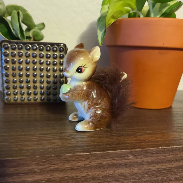 Vintage Kitsch 50'S JAPAN CERAMIC SQUIRREL With FUR TAIL