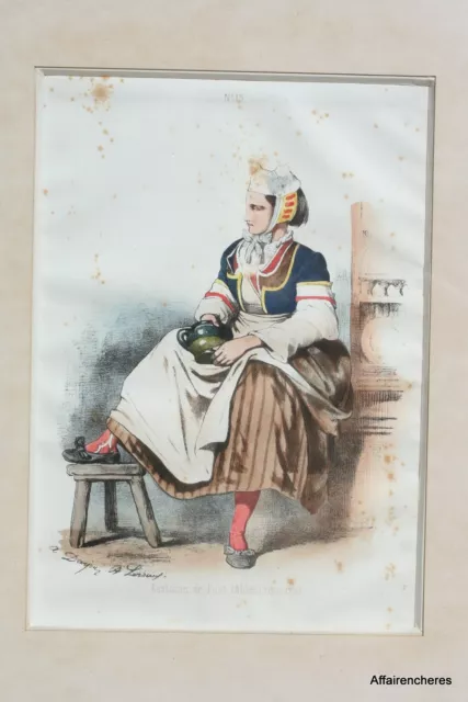 LADIES DE PONT-L'ABBE - ANTIQUE FRAMED COLOR ENGRAVING - 43 x 53 cm