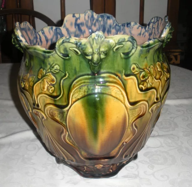 Antique Large Pottery Jardiniere Blended Majolica GARGOYLE Faces Planter