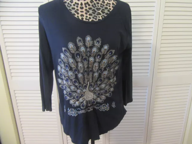 Lucky Brand Top, Women M, Navy, embroided peacock on front, LS