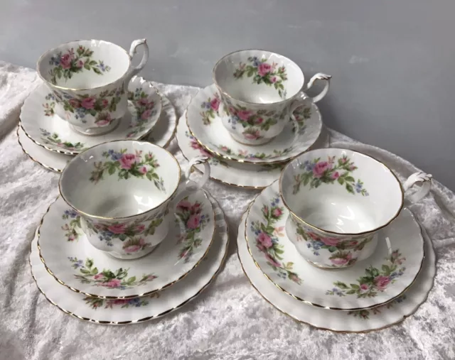 Four Vintage Royal Albert Moss Rose Bone China Trio Sets High Tea Cups & Saucers