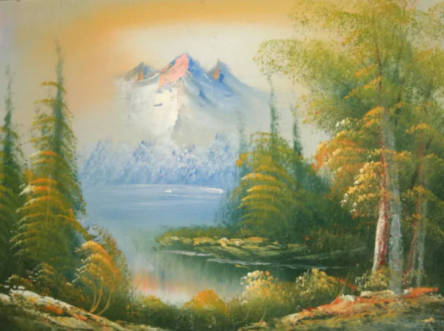 Antique European forest lake landscape oil painting