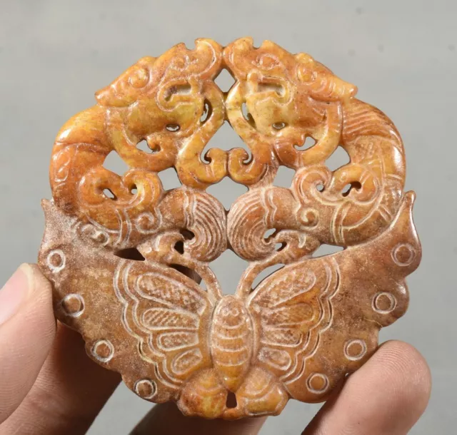 6CM Natürliche Alte Jade Schnitzen Doppel Drachen Schmetterling YuBi Yu Bi