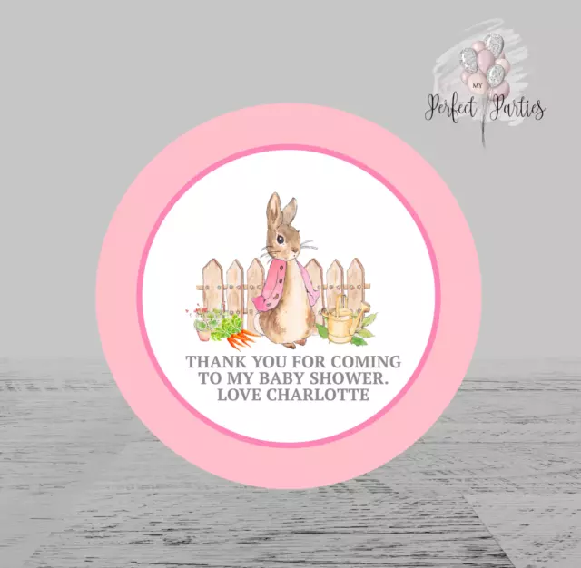 35 Personalised Flopsy Rabbit Pink Baby Shower Stickers Thank You Stickers