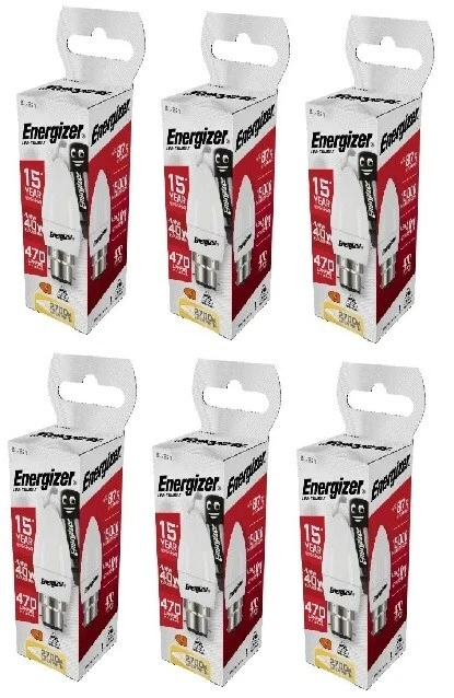 6 x Energizer LED Kerze B22 (BC) Glühbirne 470 Lumen 4,9 W 2.700K Warmweiß