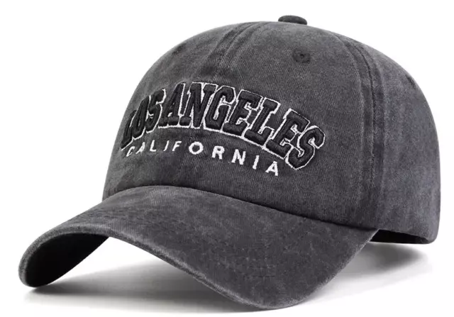 Los Angeles LA Embroidery Black Denim Baseball Hat Cap Washed Distressed Vintage