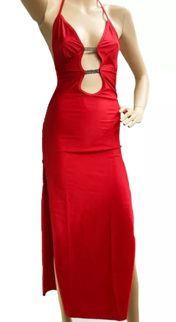 Long Red Dress Cut Out Back Sexy Diamante Low Cut Halter Side Split Clubwear