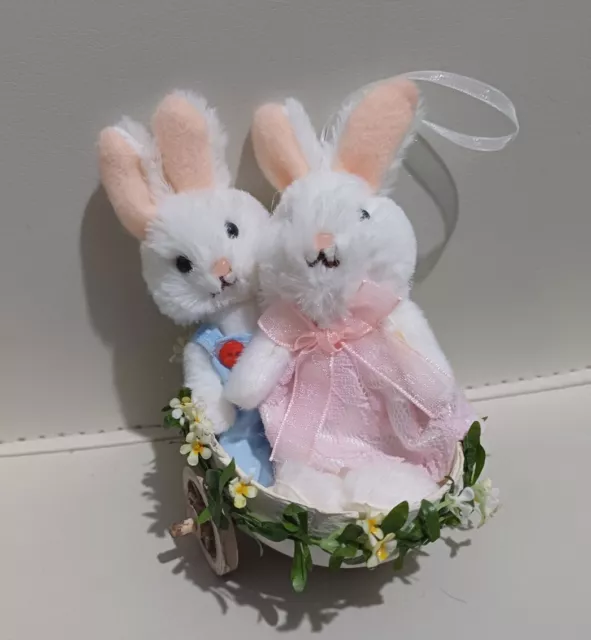 Two Mini Plush Easter Bunnies In Egg Pram. Charming Gift. Hanging Decorations.