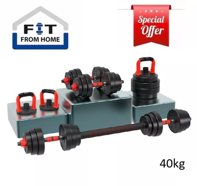 40KG 4 in 1 Adjustable Dumbbell Set Barbell Set Kettlebell Home GYM Weights