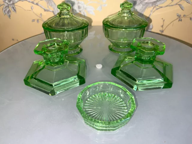 Stunning Art Deco Green Glass Dressing Table Set 5 pieces