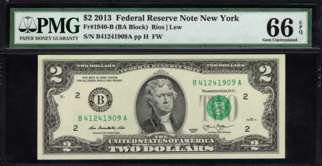 FR 1940-B $2 2013 Federal Reserve Note New York - PMG 66EPQ GEM UNC