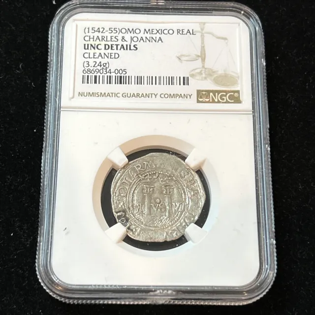 SASA 1542-55 Mo Mexico 1 Reale Charles & Joanna Silver Coin NGC Unc