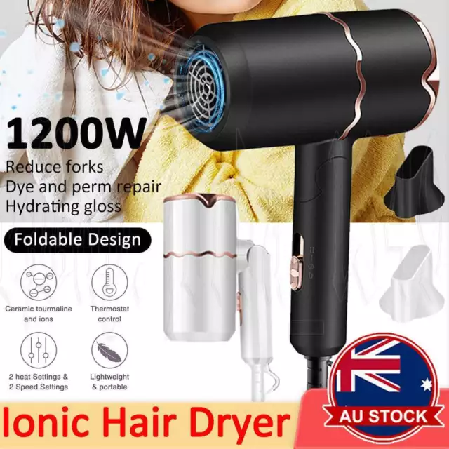 Ionic Hair Dryer 1200W High Speed Negative Ion Blow Dryer Foldable (AU Plug) OZ