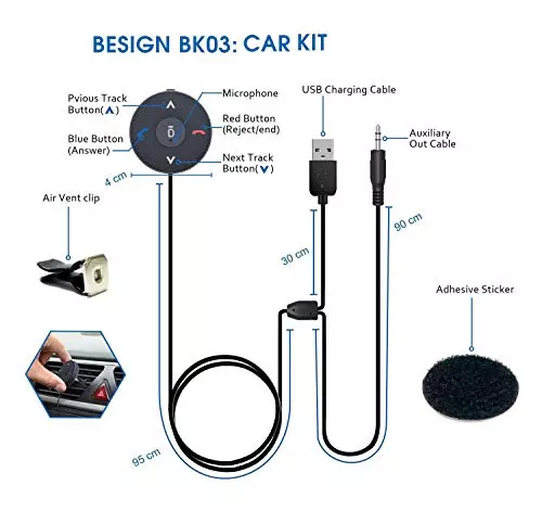 Besign BK03 Bluetooth 4.1 Car Kit for Handsfree Talking and Music Streaming, USB 2