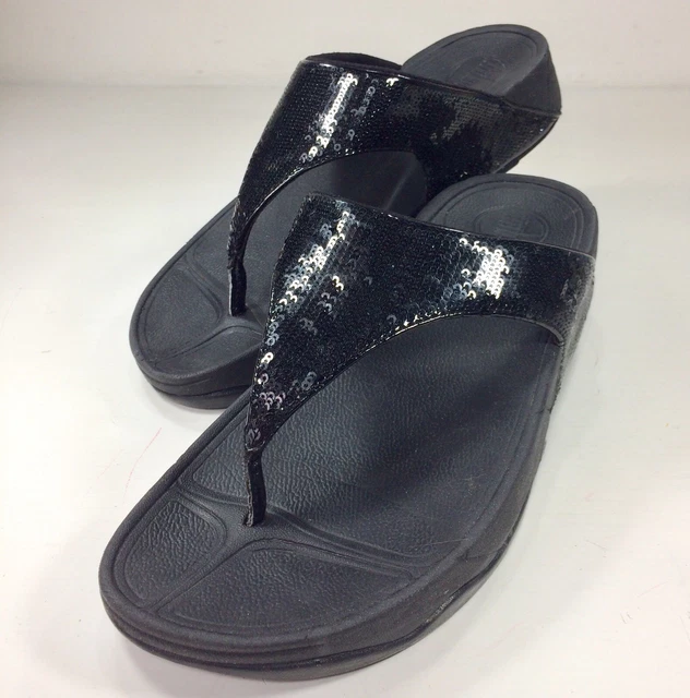 Fitflop UK6 EU39 Black Toe Post Casual Comfort Sandals Low Wedge Heel Sequins