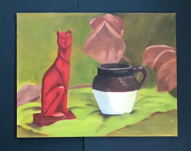 Signed Original Art Still Life Painting Cat Figurine Jug  Leaves On Blanket