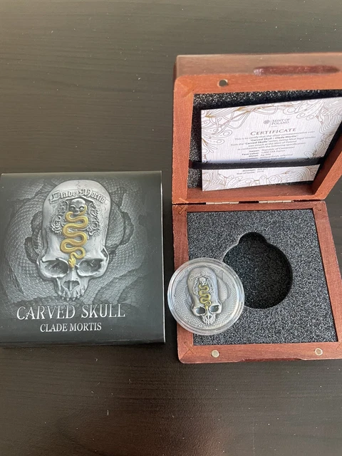 2018 1 Oz Silver 1000 Francs Cameroon CARVED SKULL CLADE MORTIS Antique Coin.